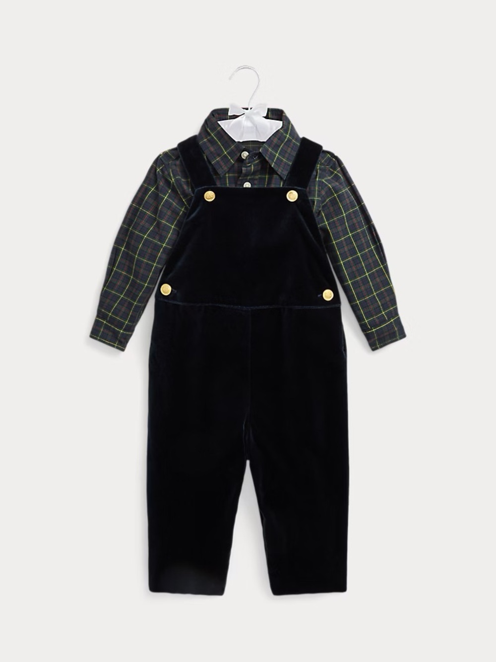 Ralph Lauren Navy Blue Velvet Overalls with Green Plaid Shirt